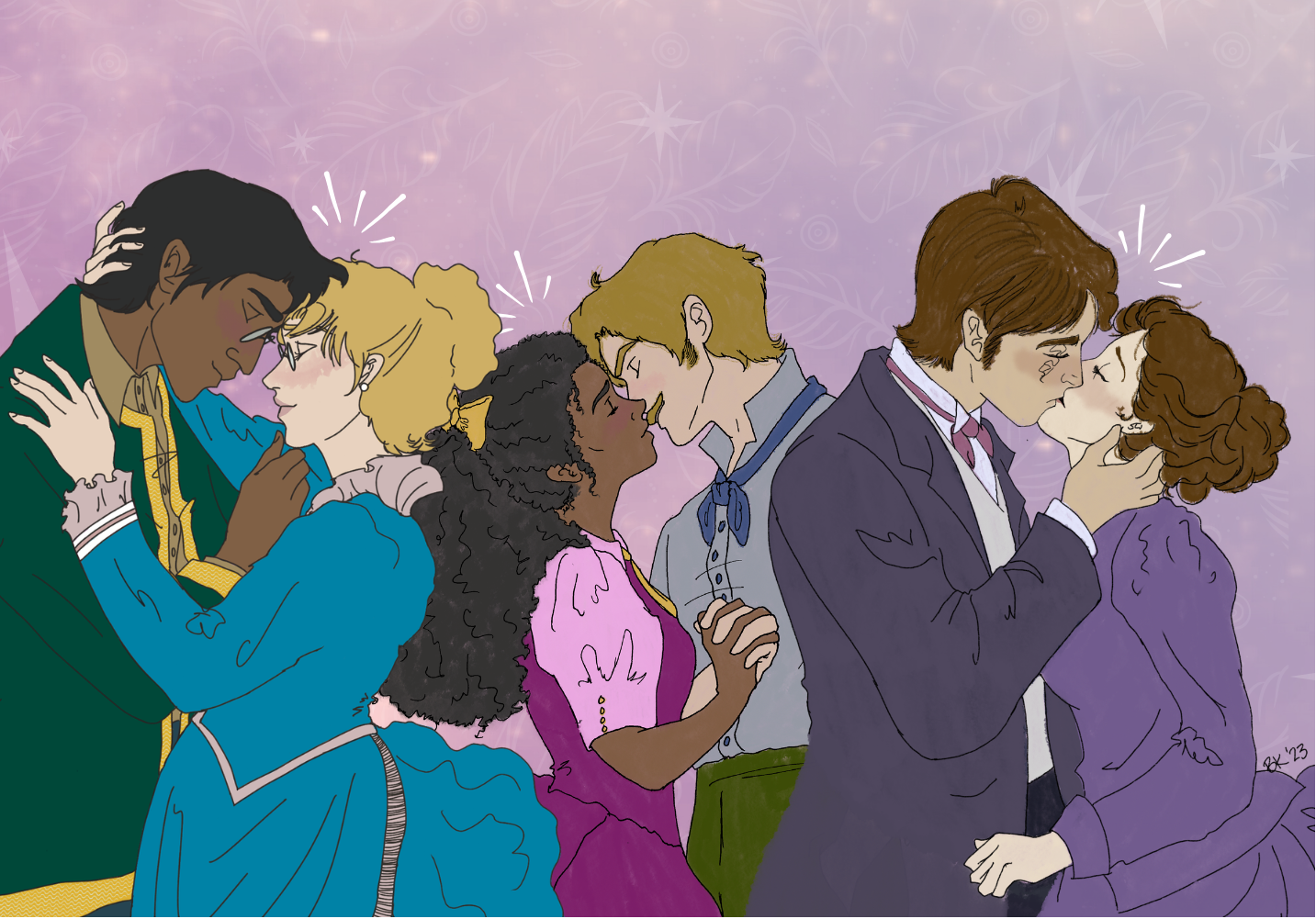 An illustrated scene of multiple couples kissing against a pink and purple starry background. The characters are drawn in a stylized, non-realistic art style with varied clothing colors including green, blue, pink, purple, and gray.