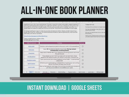Fiction spreadsheet / Google sheets fiction planner / Digital spreadsheet for Writers / Digital Task List for Authors / NaNoWriMo planner